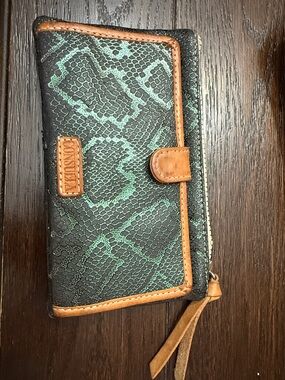 Consuela Black & Teal Snake-Print Wristlet Wallet with Tan Trim